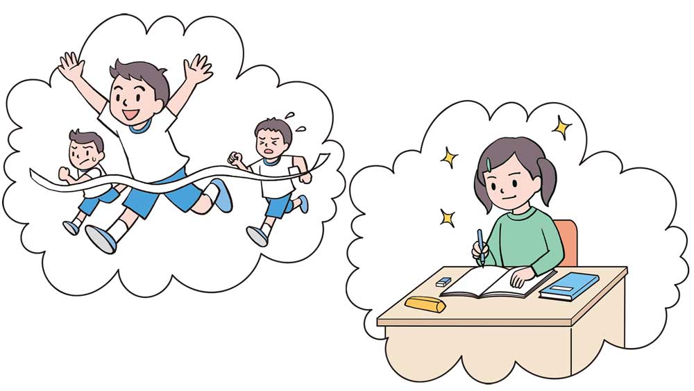 子供の成長を促し指導の質を高める「教育評価」の手立て【自主的・実践的な力を育む学級経営の極意⑭】 徒競走で1番でゴールに駆け込む子供、頑張って勉強をしている子供の様子