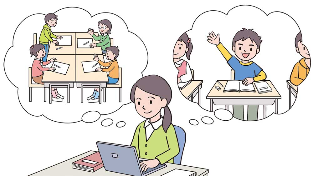 子供の成長を促し指導の質を高める「教育評価」の手立て【自主的・実践的な力を育む学級経営の極意⑭】 グループで話合いをしている子供や手を挙げて発表している子供を思い浮かべながら評価をまとめている教師