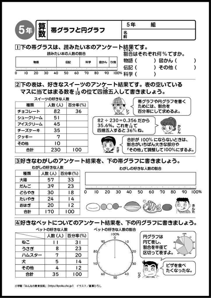 小５算数　おもしろパズルプリント　帯グラフと円グラフ