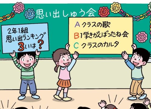 思い出集会で、クラスの思い出クイズを出すクイズ係の子供たち