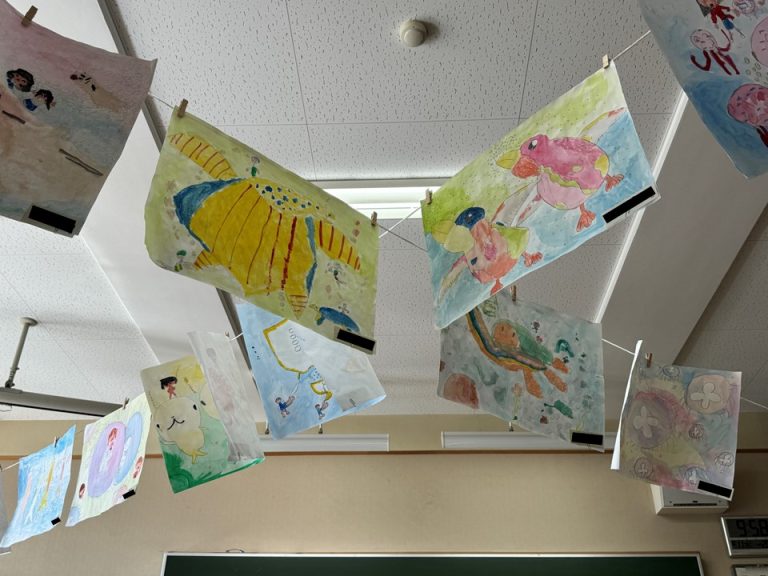 空中にひもを張り、洗濯ばさみや目玉クリップなどで子供の作品を固定し掲示する「ガーランド掲示」。