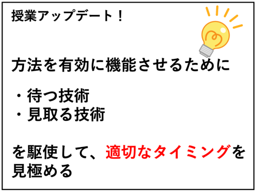 授業アップデート！
方法を有効に機能させるために
・待つ技術
・見取る技術
を駆使して、適切なタイミングを見極める