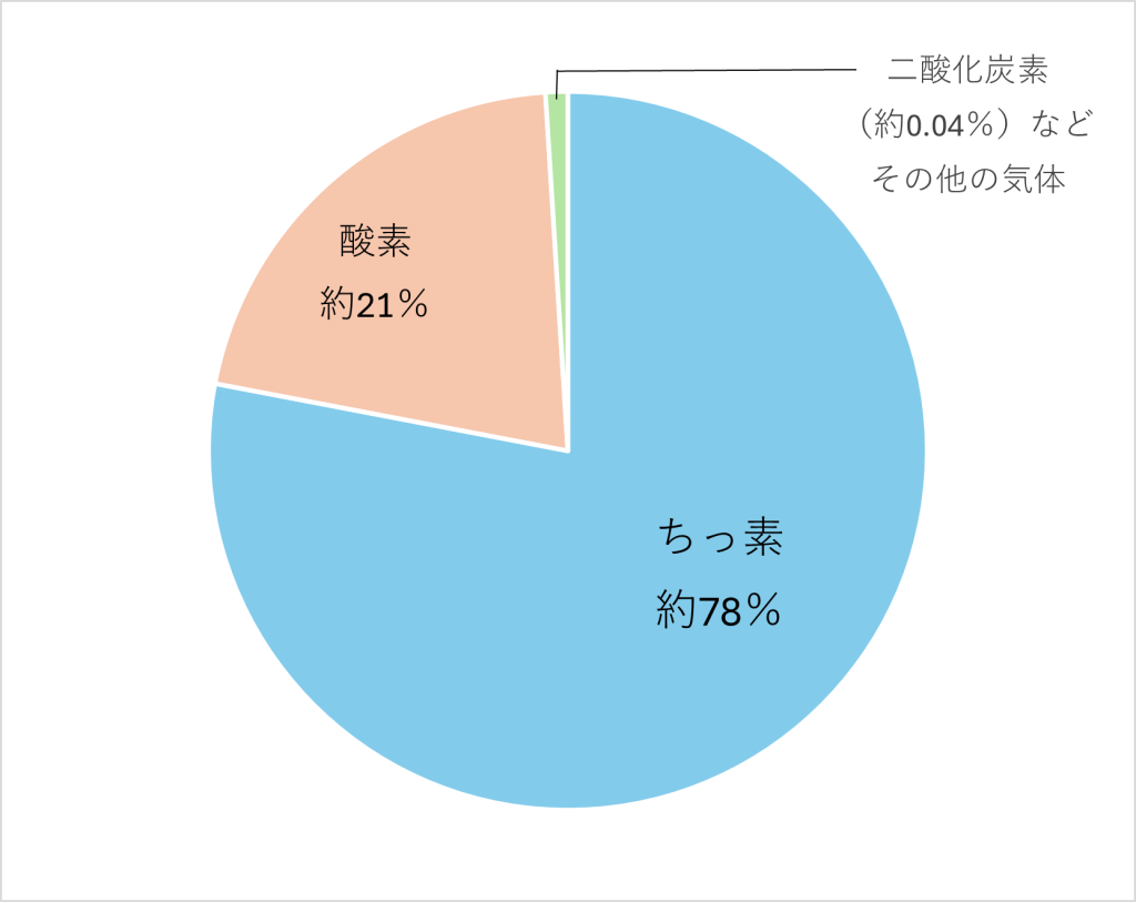 空気中のちっ素や酸素などの体積の割合を示した円グラフ