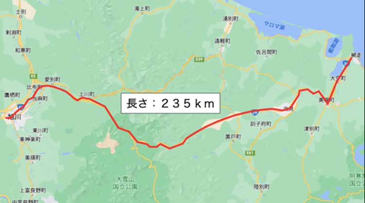 旭川−網走を結ぶ道路地図　