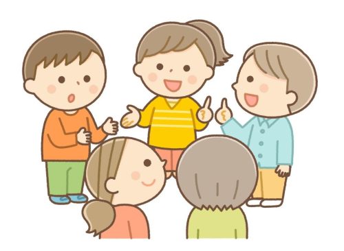 班対抗しりとり合戦の答えを相談する子供たち