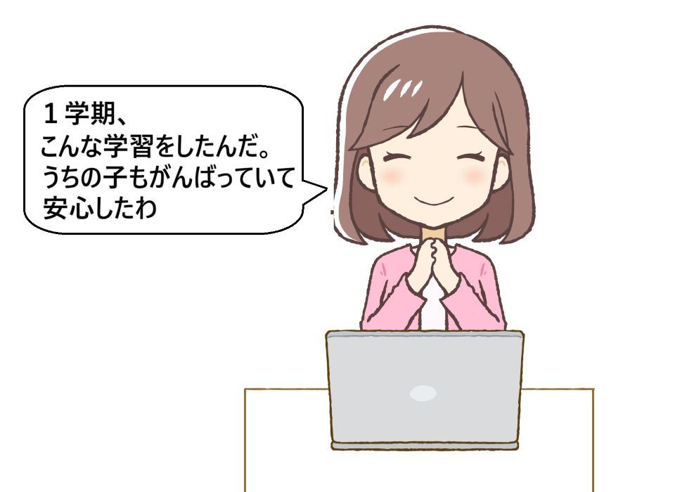 個人面談の待ち時間にパソコンでスライドショーを見る保護者