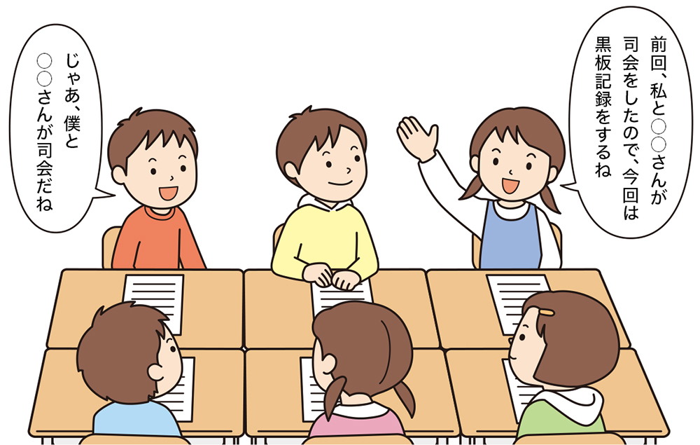 計画委員内での役割（司会、黒板記録、ノート記録）の担当について話し合いをする子供たち