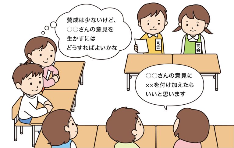自分とは違う友達の意見を生かすにはどうすればよいかを考える子供たち