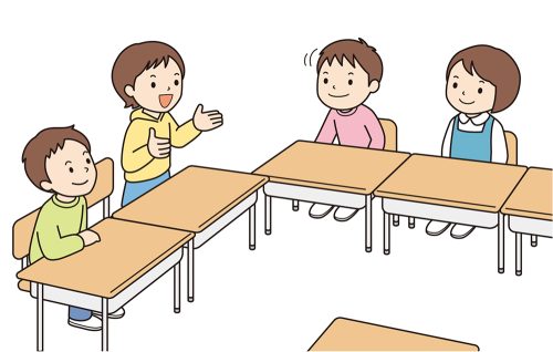 友達の意見が聞き取りやすく、活発な話合いが行いやすいコの字型の座席で学級会を行う