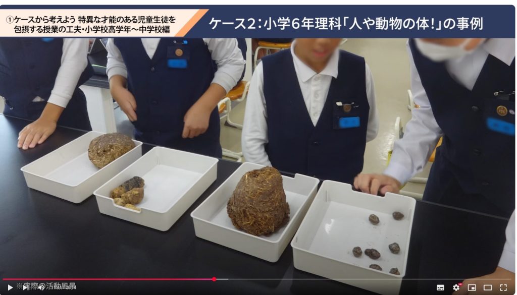 研修用動画の一場面。糞のまわりに集まる児童たち