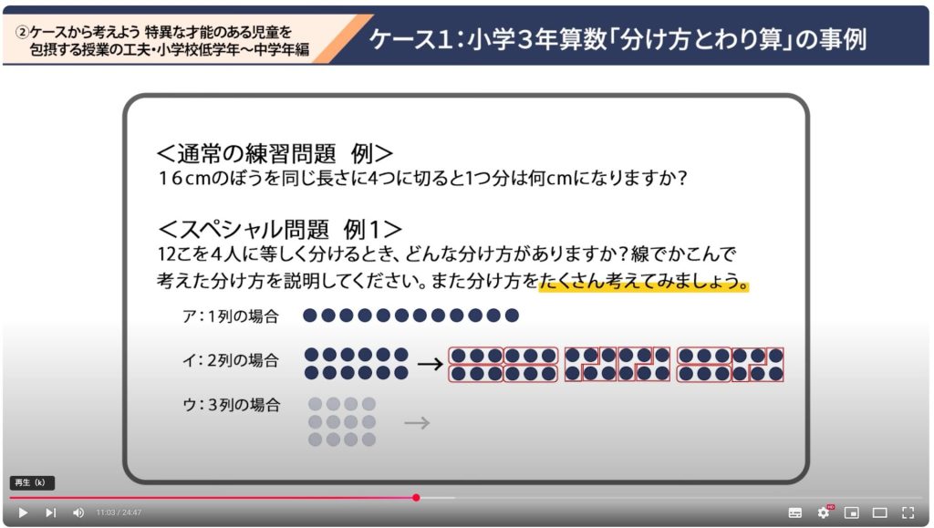研修用動画、小3算数「分け方とわり算」の一場面