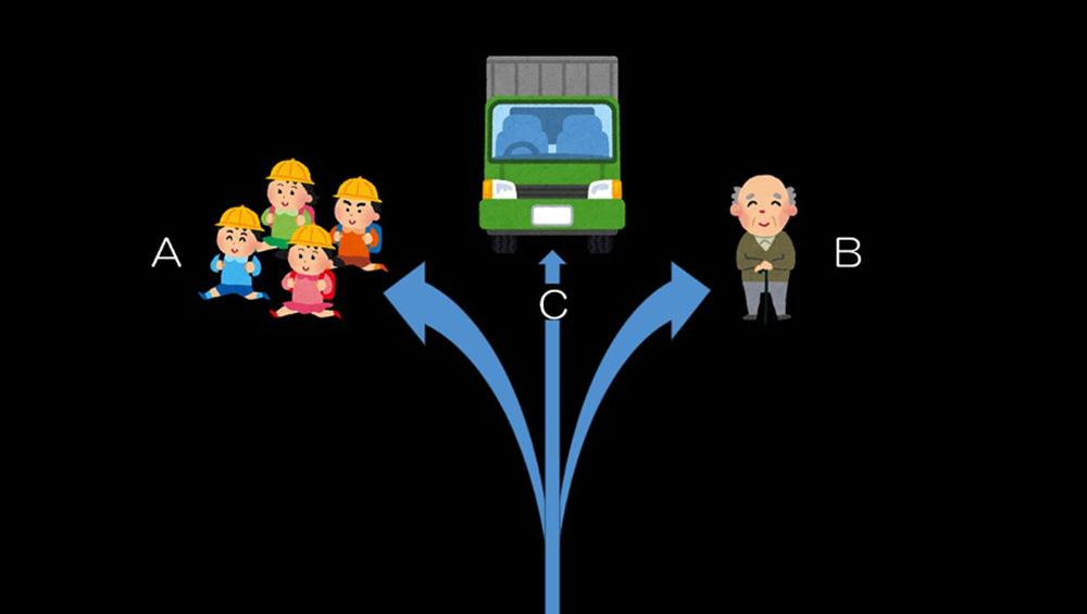 自動運転自動車が命を選択しなければならない場面を示したイラスト