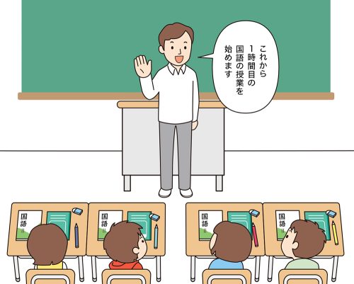 「これから１時間目の国語の授業を始めます」と、授業始めの号令をかける男性教師。