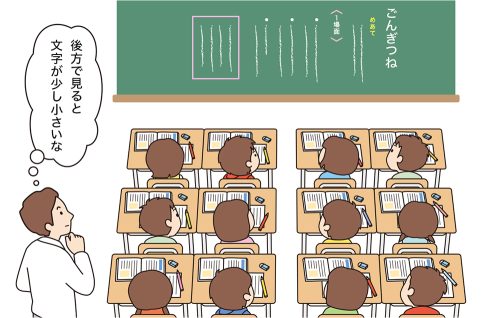 板書を教室のいちばん後ろから確認する教師。