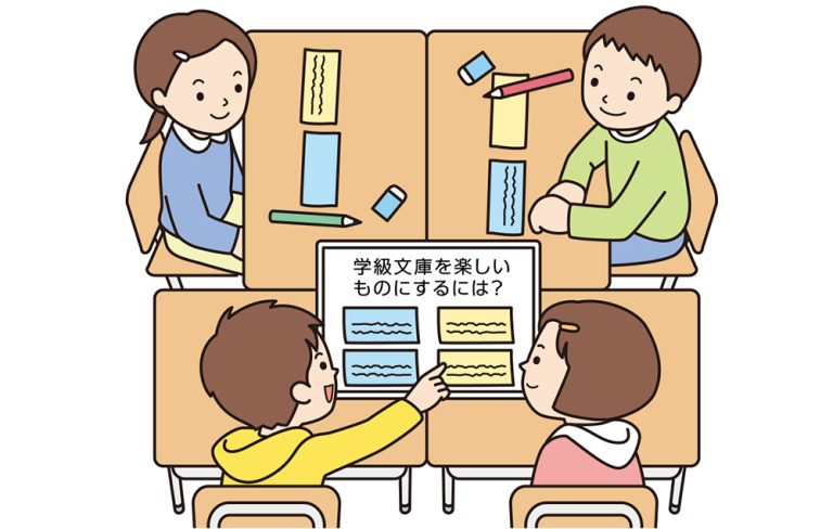 「学級文庫を楽しいものにするには？」のテーマで、班でアイデアを出し合う子供たち。