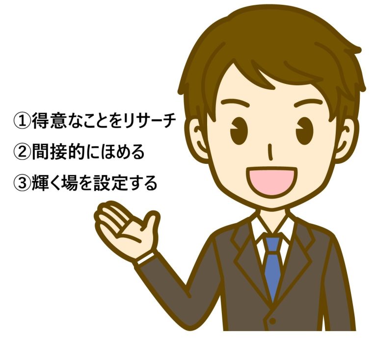男性教師がポイントを解説 ①得意なことをリサーチ ②間接的にほめる ③輝く場を設定する