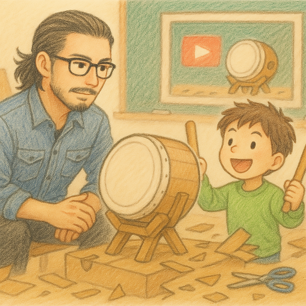 太鼓の達人の太鼓を段ボールで再現しているイラスト