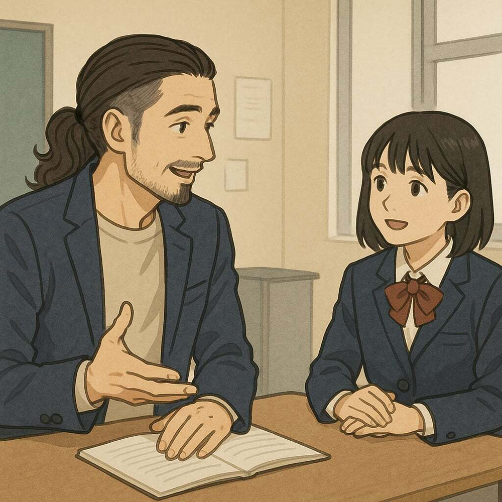 画像　巡回通級指導担当教員が、中学生と話し合っている場面
