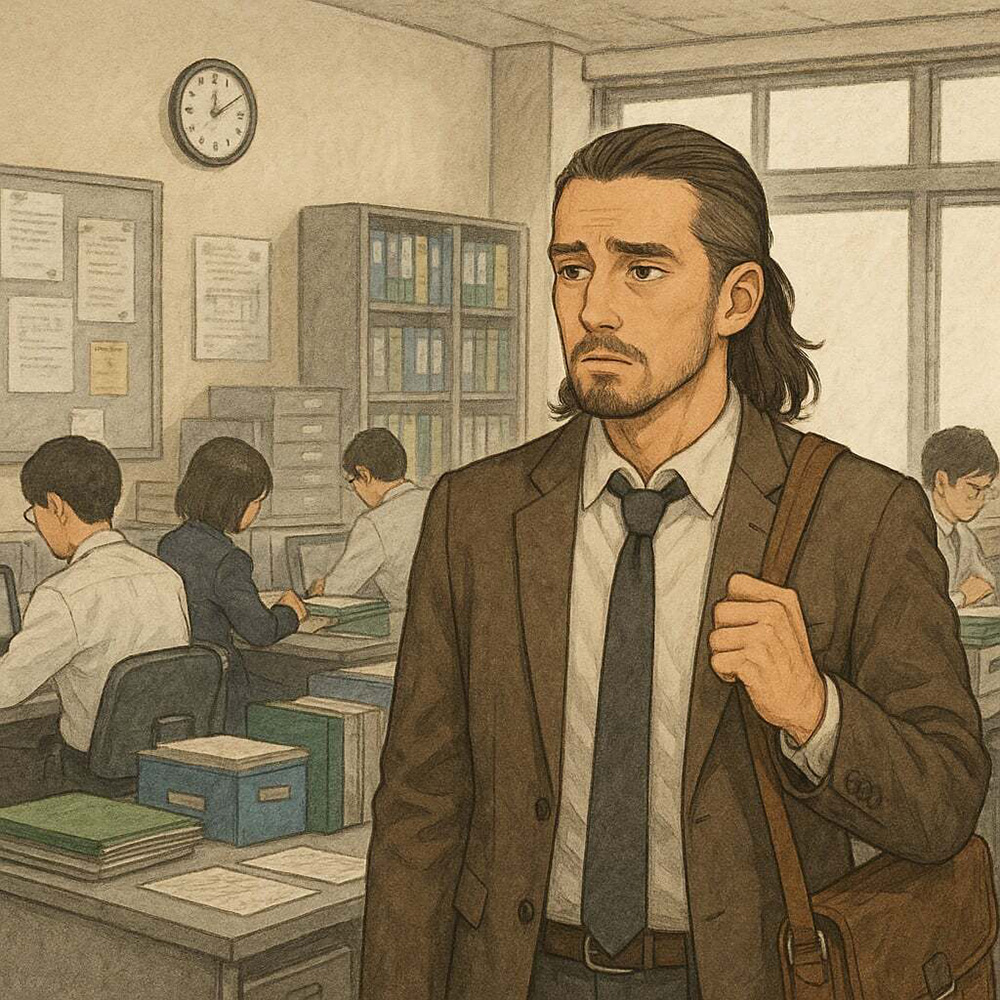画像　中学校の職員室で巡回教員が戸惑う場面