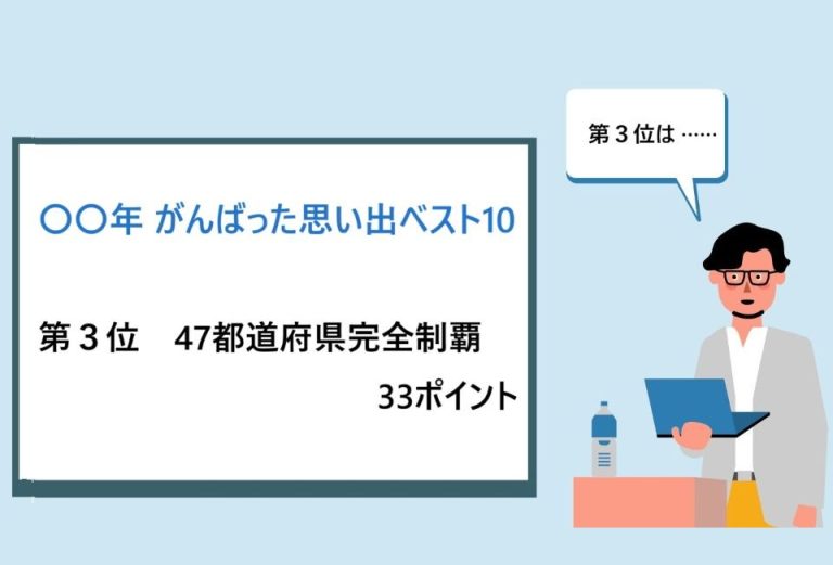 大型モニターを使って「〇〇年 がんばった思い出ベスト10：第３位を発表する男性教師