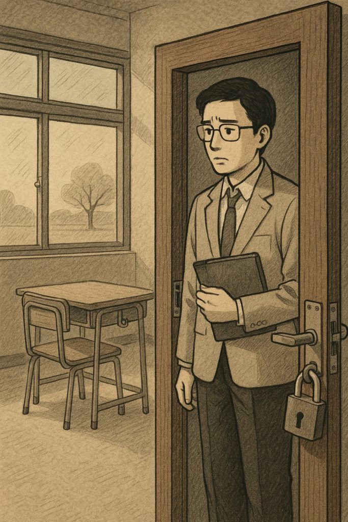 鍵のついた教室にたたずむ教員のイラスト