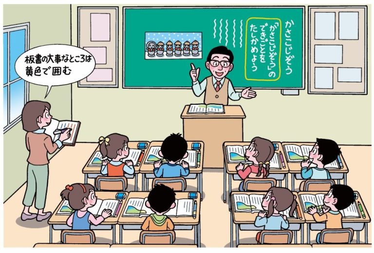 中堅教員による国語「かさこじぞう」の授業を観察する新任教師。