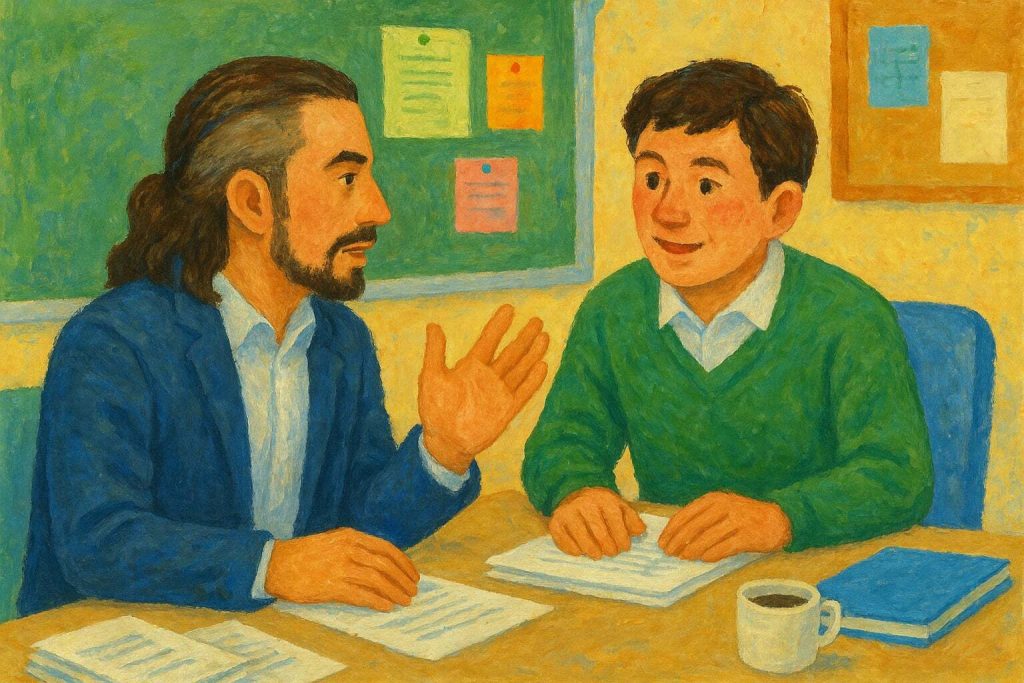 イラスト 職員室で学担と話すロン毛教員