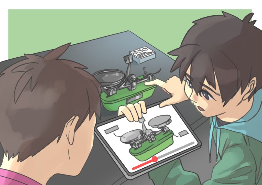 両皿てんびんの使い方をタブレットで確認する