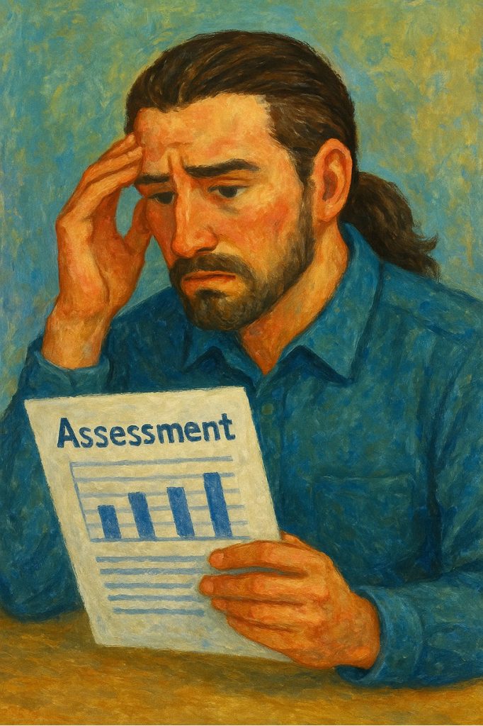 イラスト 生成AIのアセスメントに頭を抱えるロン毛教員