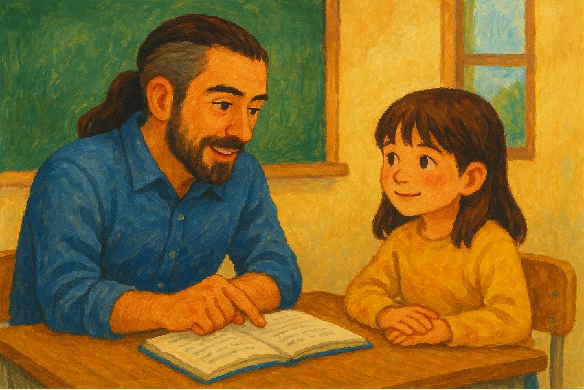 イラスト 学業面の困りを抱える女子児童とロン毛教員