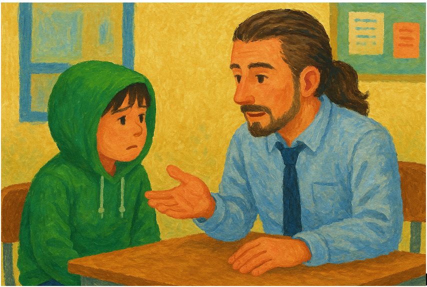 イラスト フードをかぶる男子児童とロン毛教員