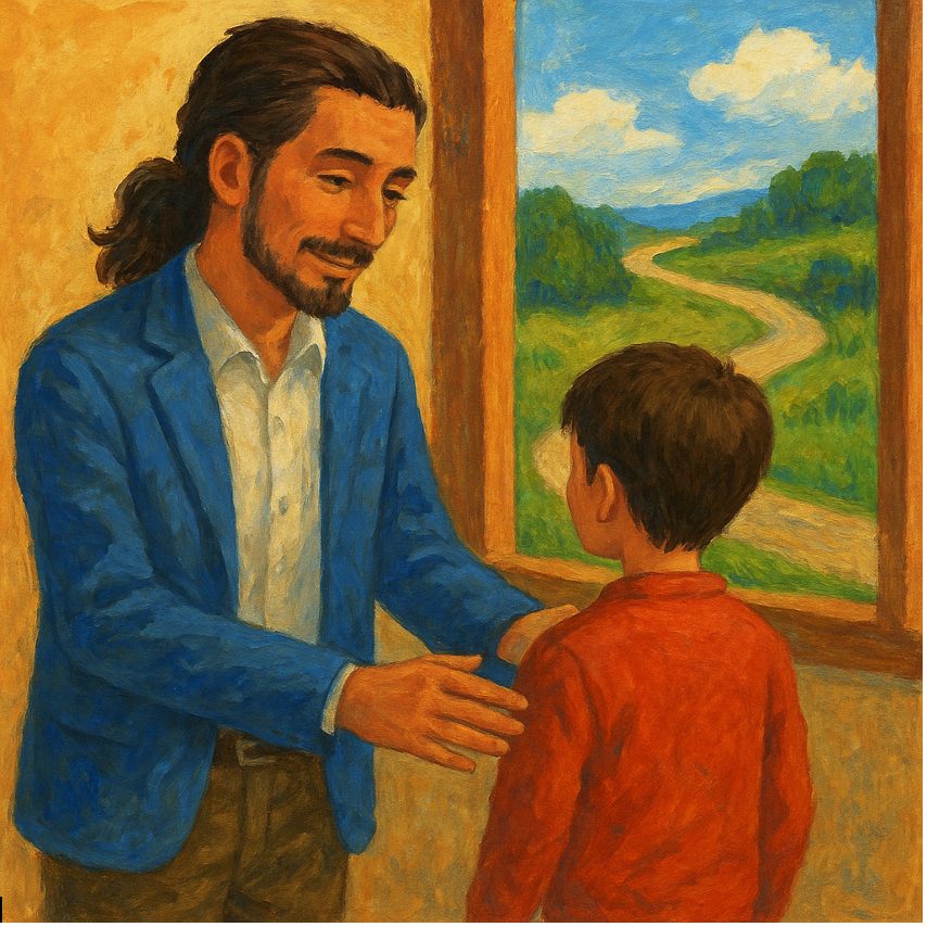 イラスト 子どもを観察しアセスメントを繰り返すロン毛教員