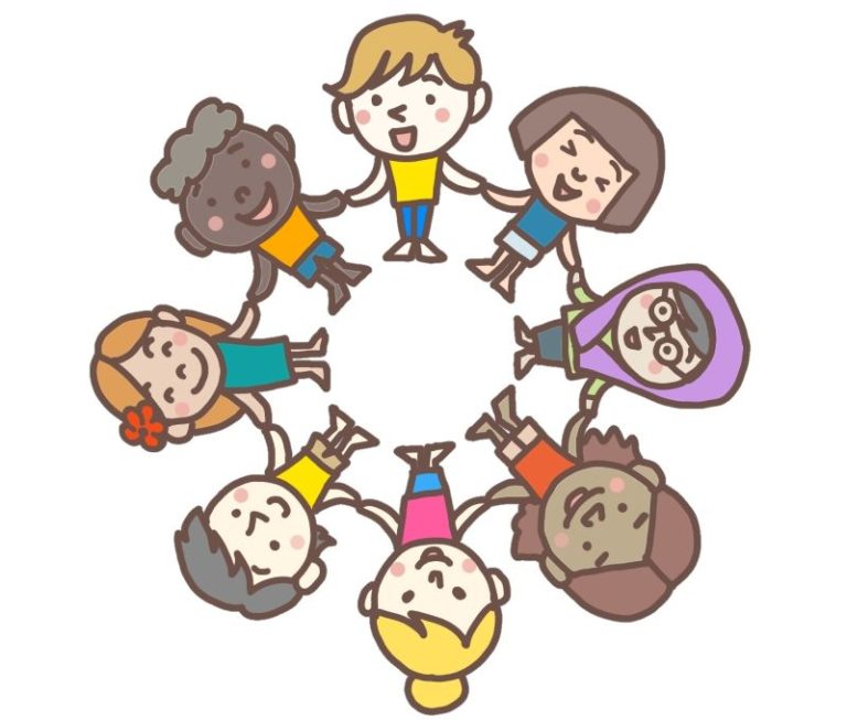 手をつなぐさまざまな国の子供たち。多様性をイメージしたイラスト。