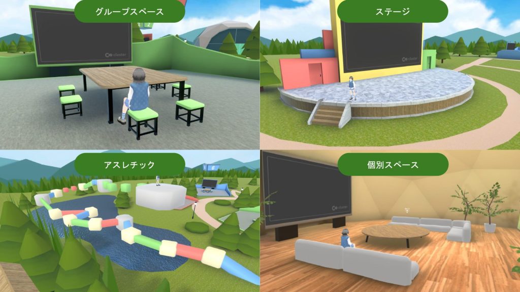 メタバース空間内のグループスペース、ステージ、アスレチック、個別スペース