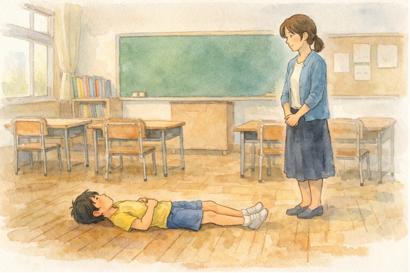 イラスト1/教室で寝そべる子 by高田保則 (生成AIを使用して作成)