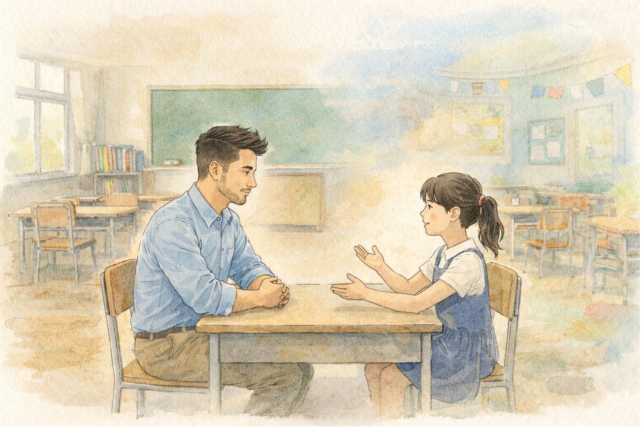 イラスト3/子どもとの対話を大切にし、その言葉を翻訳する by高田保則 (生成AIを使用して作成)