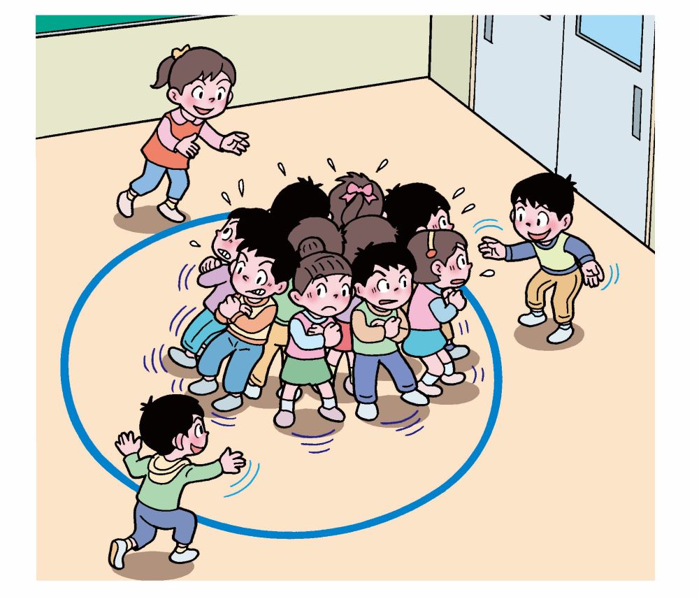 すずらんテープ押しくらまんじゅう鬼をする子供たち