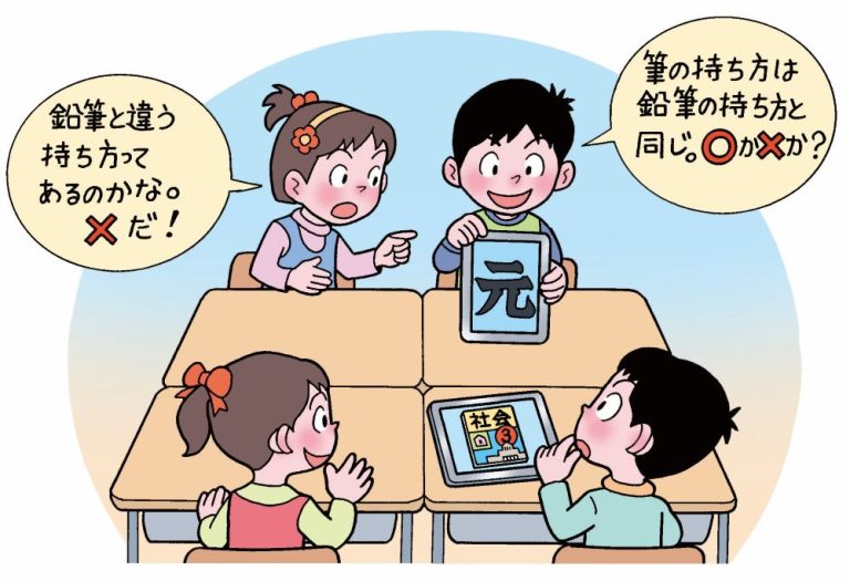 作成したクイズを出し合う子供