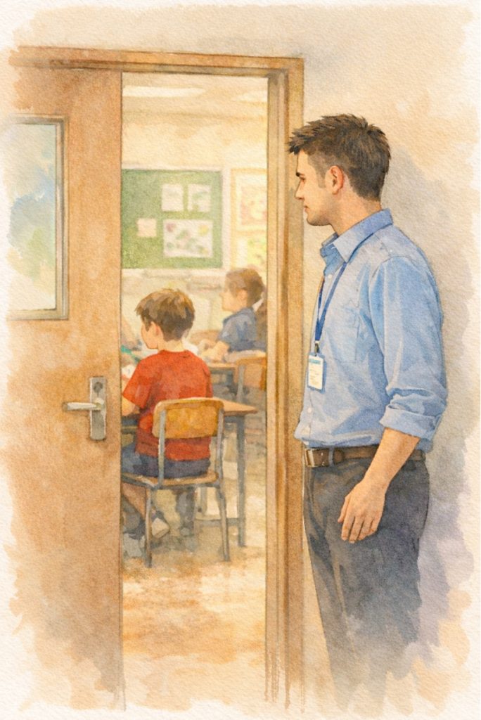 イラスト1/授業の様子を観察する通級指導教員 by高田保則 (生成AIを使用して作成)