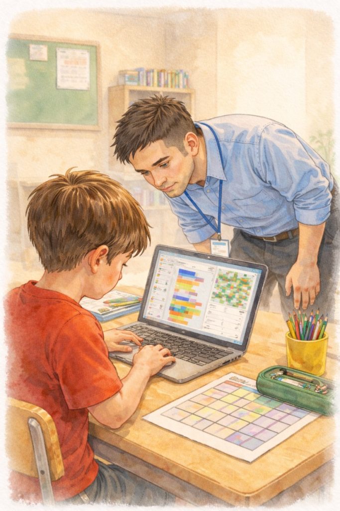 イラスト2/日課表とパソコンに向かうAさん by高田保則 (生成AIを使用して作成)