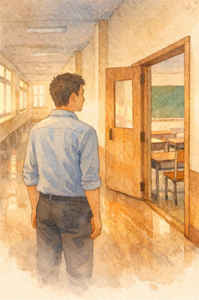 イラスト１／立ち止まって振り返る   by高田保則 (生成AIを使用して作成)