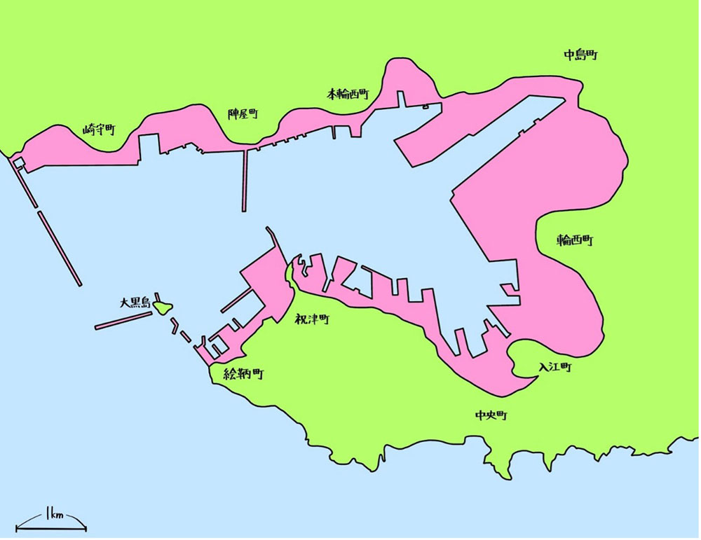 室蘭市沿岸部、埋め立て後の地図
