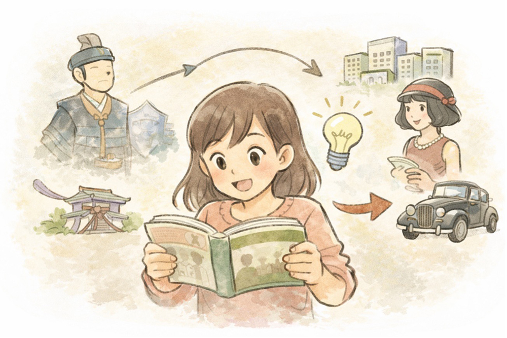 イラスト2／オシャレの歴史を学ぶＡさん   by高田保則 (生成AIを使用して作成)