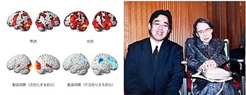 （左）ＭＲＩ画像による学習と脳の活性領域の関係を示す図。
（右）その研究に着手した頃の東北大学の川島隆太教授と大村はま先生。文部科学省の国語施策懇談会にて。