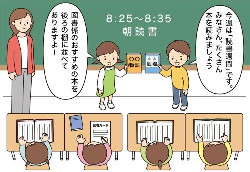 朝の時間に「朝読書」をする子供たち。図書係が読書週間であることをみんなに伝える。