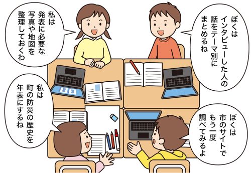 ４年生 社会科「自然災害から人々を守る活動」の授業で、班の中でぞれぞれの役割を決める子供たち