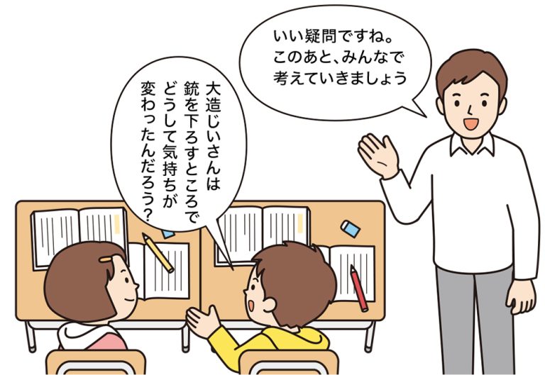 ペアトークする子供のやり取りを聞いて、「いい疑問ですね。この後、みんなで考えていきましょう」と語り掛ける男性教師