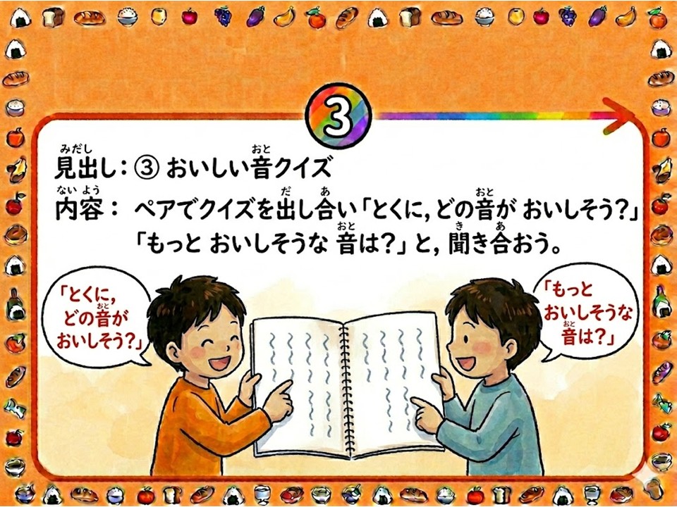 授業の第3ステップ、「おいしい音クイズ」のやり方を示したイラスト