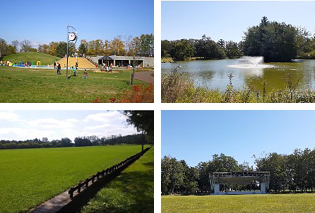 4枚の写真(公園、池、芝生、野外ステージ)