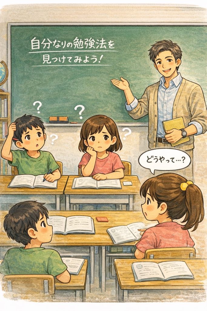 イラスト1／自分なりの学習法って何？   by高田保則 (生成AIを使用して作成)